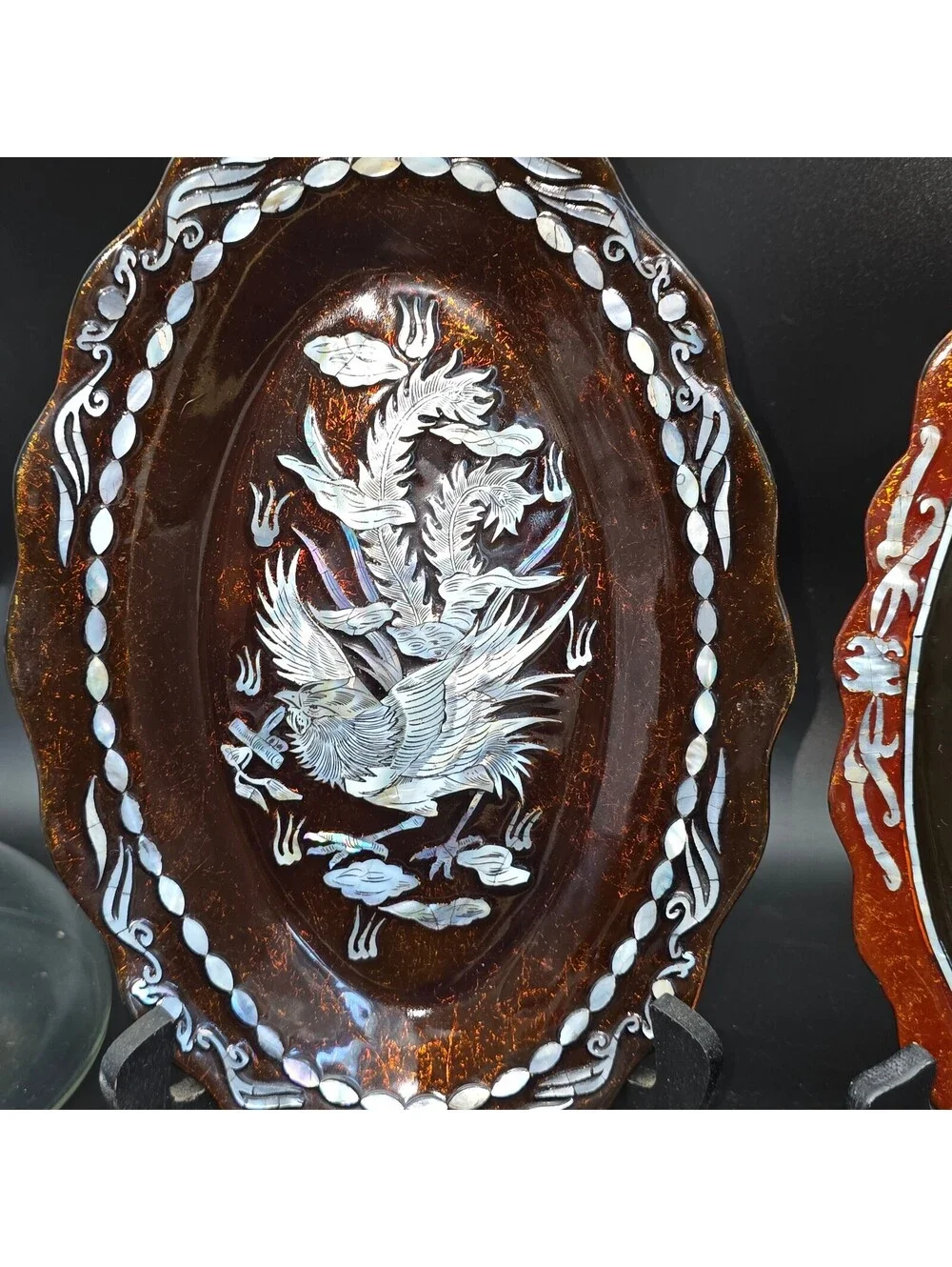 Vtg Asian Mother of Pearl Lacquer Wall Plaques Pair Phoenix Crane Bird Inlay 11”